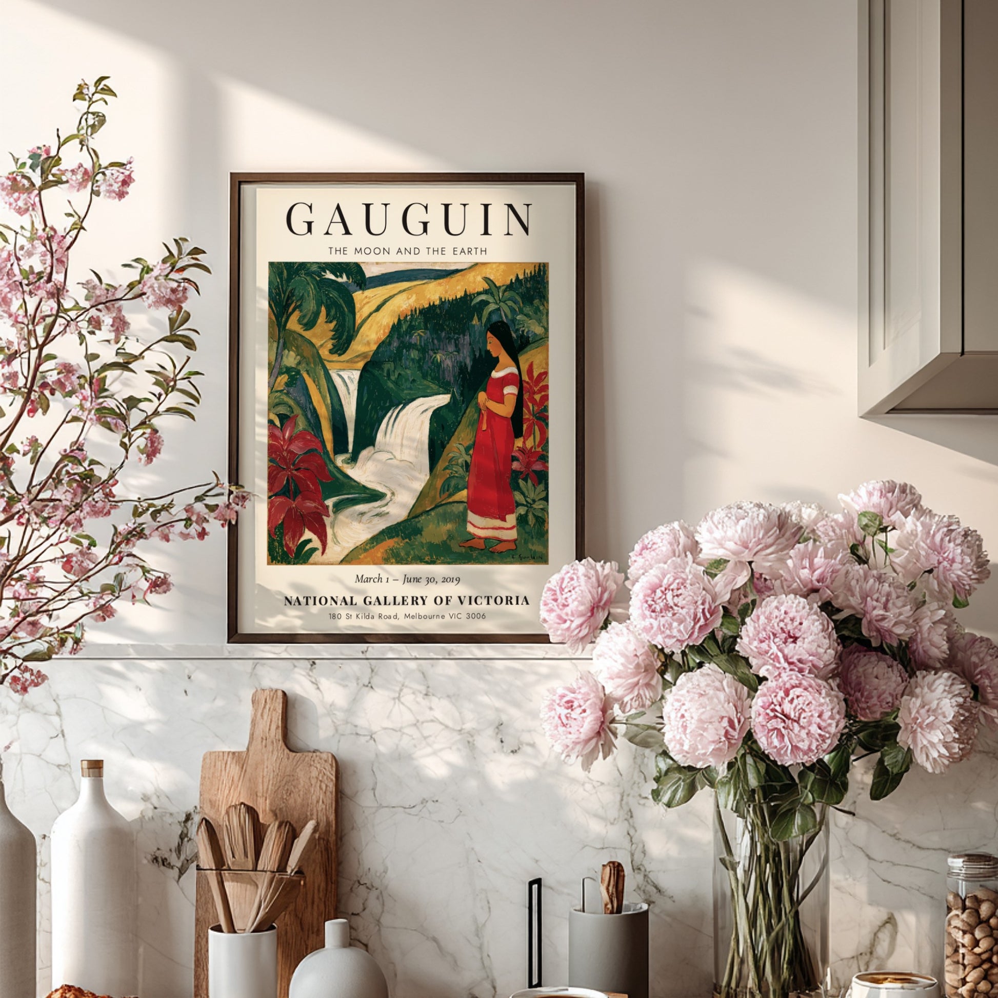 Gauguin Exhibition Poster featuring tropical landscape and vibrant colors
