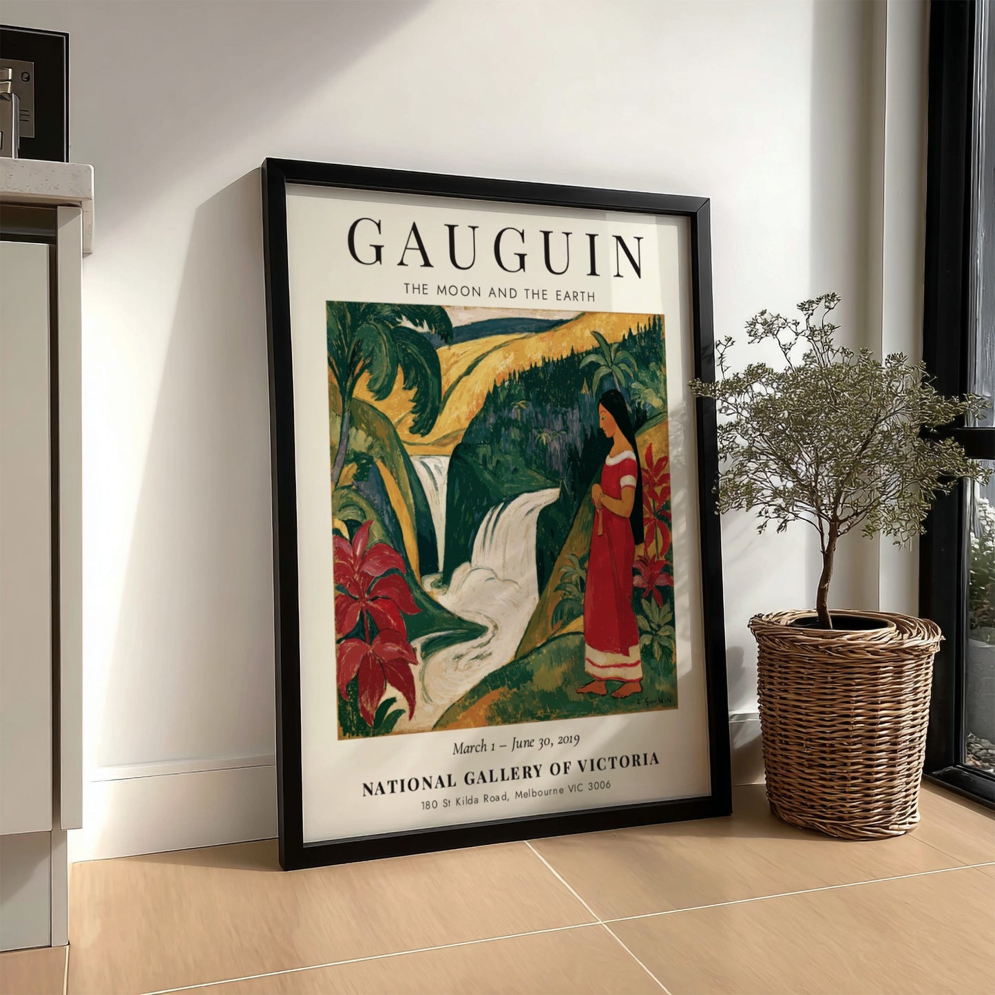Gauguin Exhibition Poster featuring tropical landscape and vibrant colors