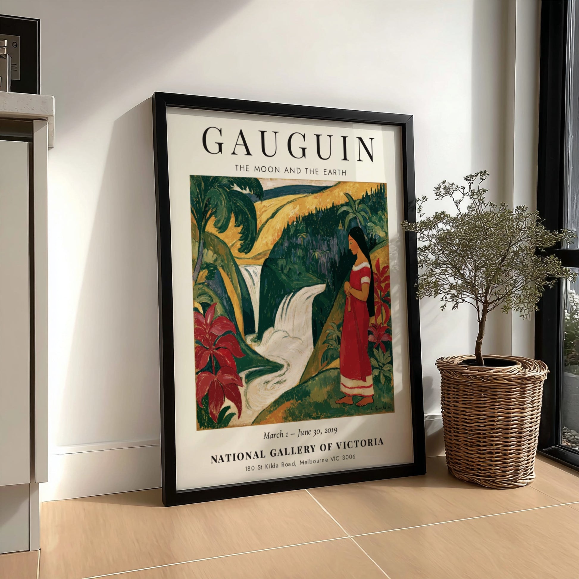 Gauguin Exhibition Poster featuring tropical landscape and vibrant colors