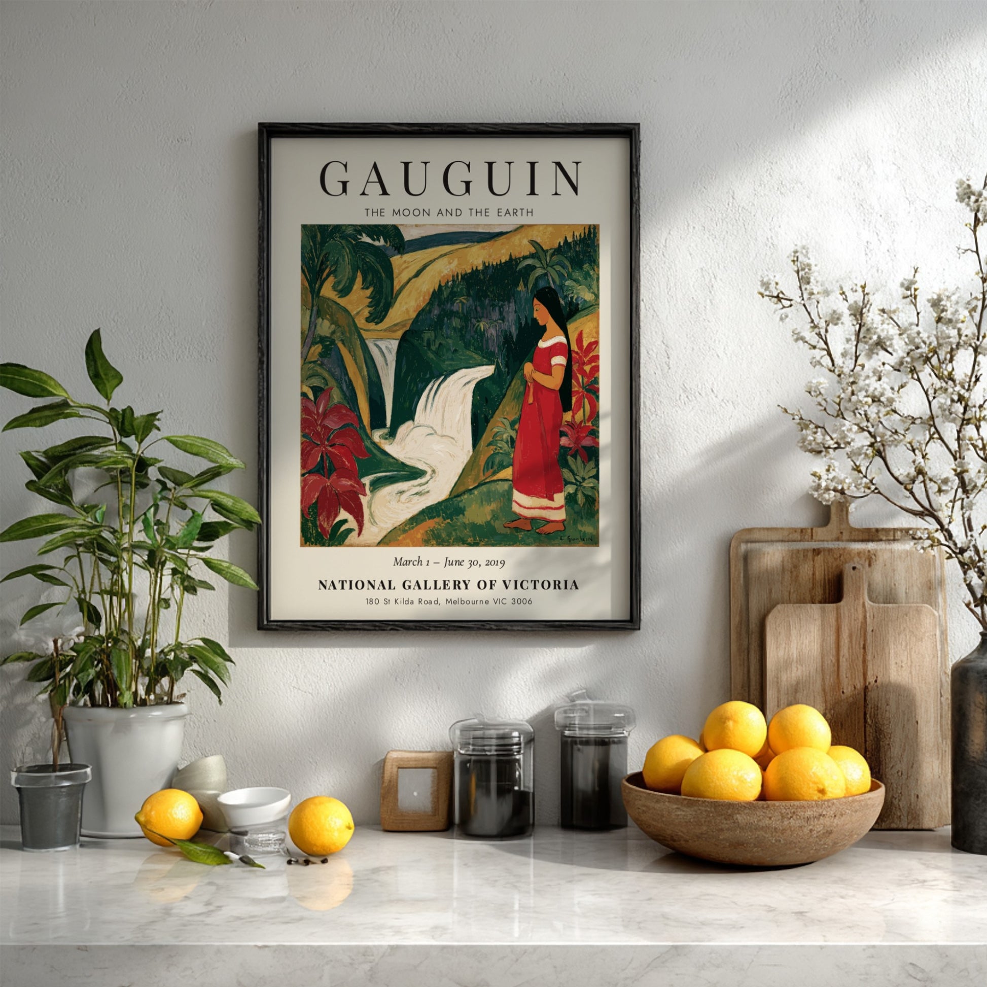 Gauguin Exhibition Poster featuring tropical landscape and vibrant colors