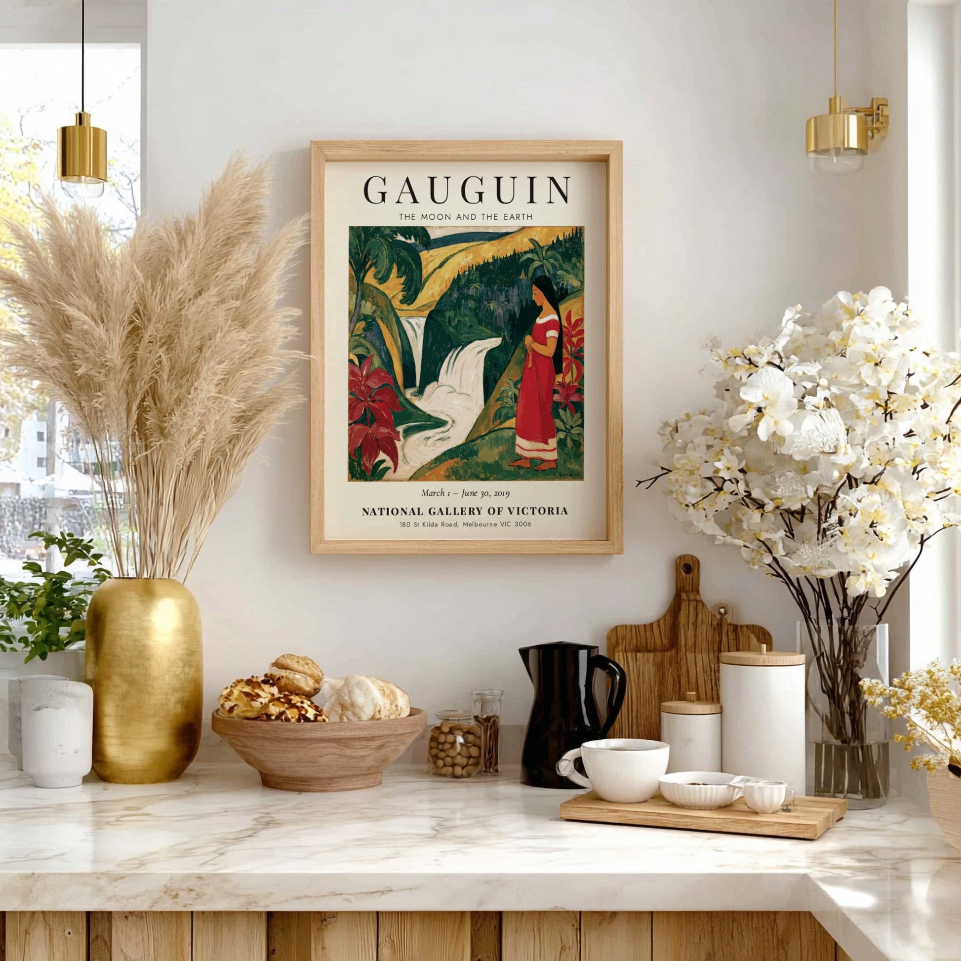 Gauguin Exhibition Poster featuring tropical landscape and vibrant colors