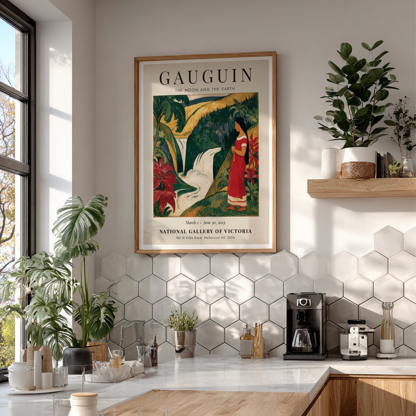 Gauguin Exhibition Poster featuring tropical landscape and vibrant colors