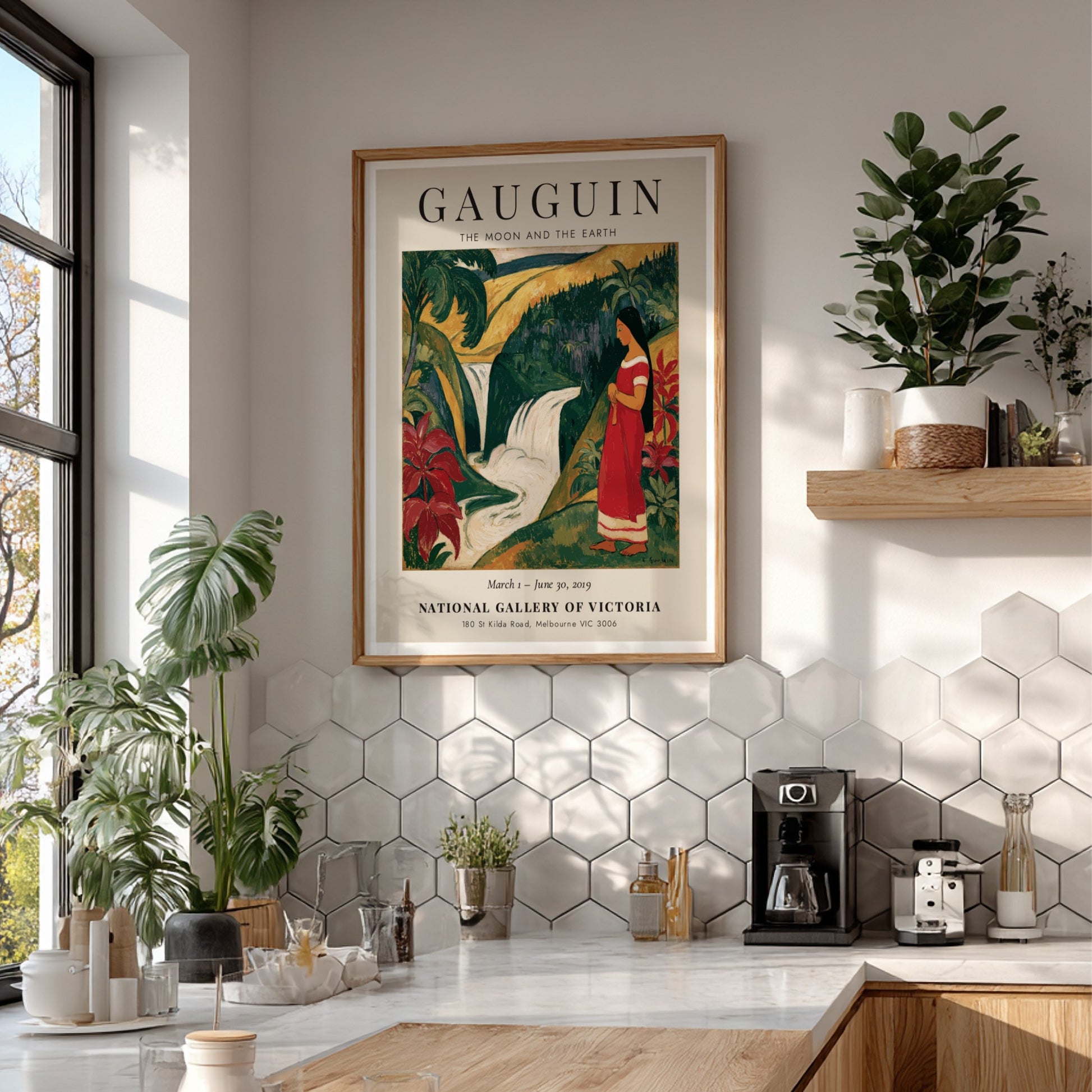 Gauguin Exhibition Poster featuring tropical landscape and vibrant colors