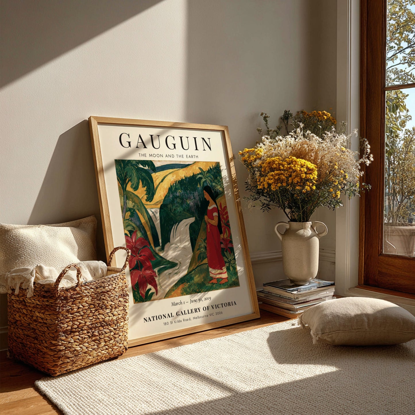 Gauguin Exhibition Poster featuring tropical landscape and vibrant colors
