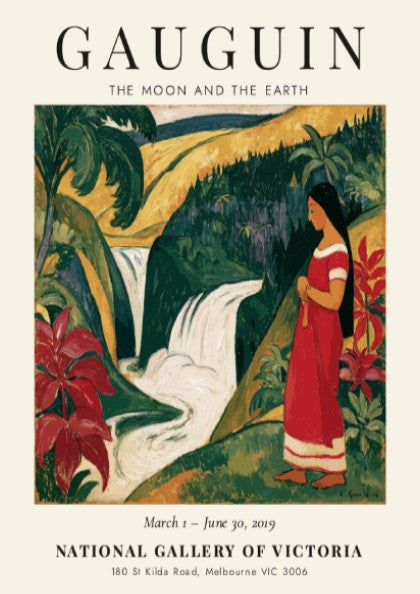 Gauguin Exhibition Poster featuring tropical landscape and vibrant colors