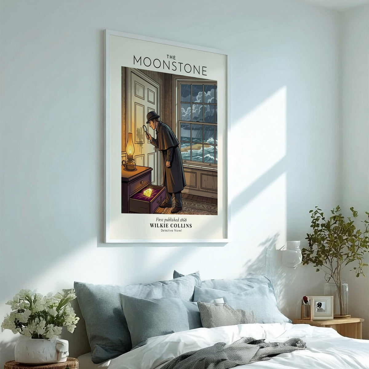 Poster featuring a detective examining a yellow gemstone with a magnifying glass indoors.