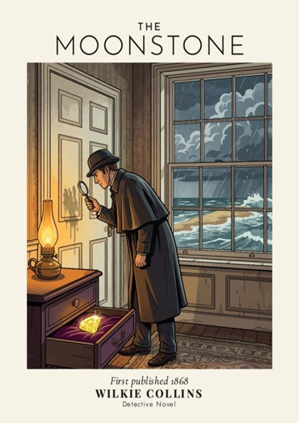 Poster featuring a detective examining a yellow gemstone with a magnifying glass indoors.