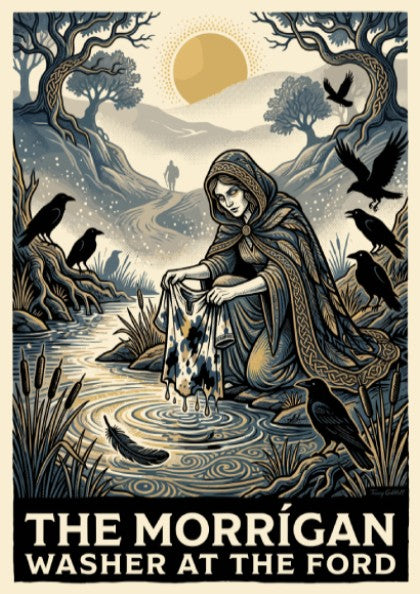 Poster featuring The Morrigan washing a cloth in a river with ravens nearby