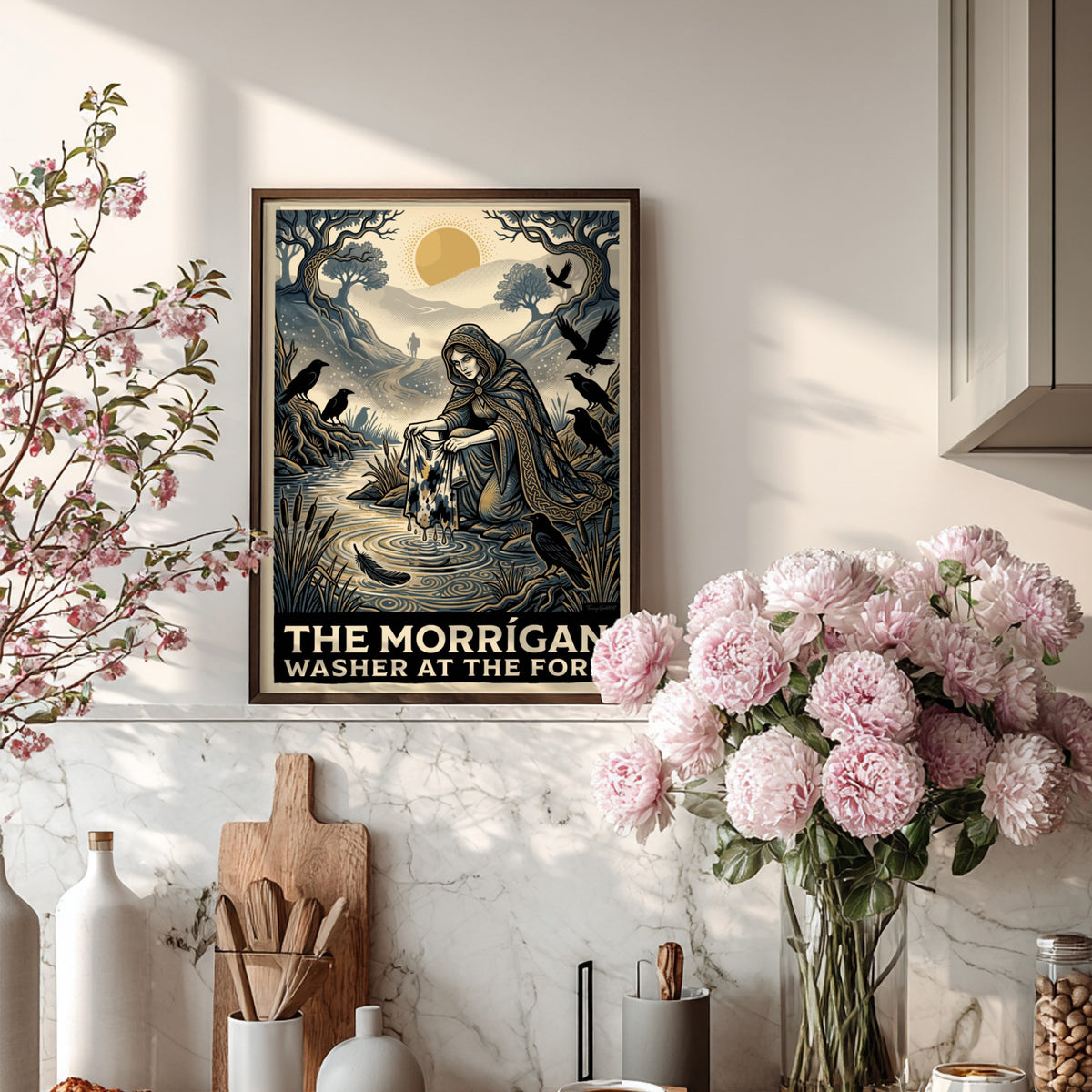 Poster featuring The Morrigan washing a cloth in a river with ravens nearby