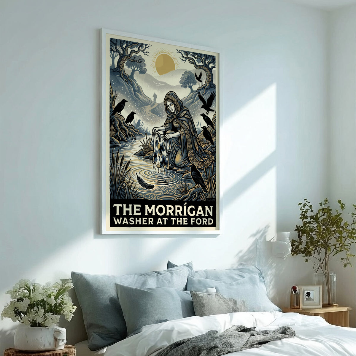 Poster featuring The Morrigan washing a cloth in a river with ravens nearby