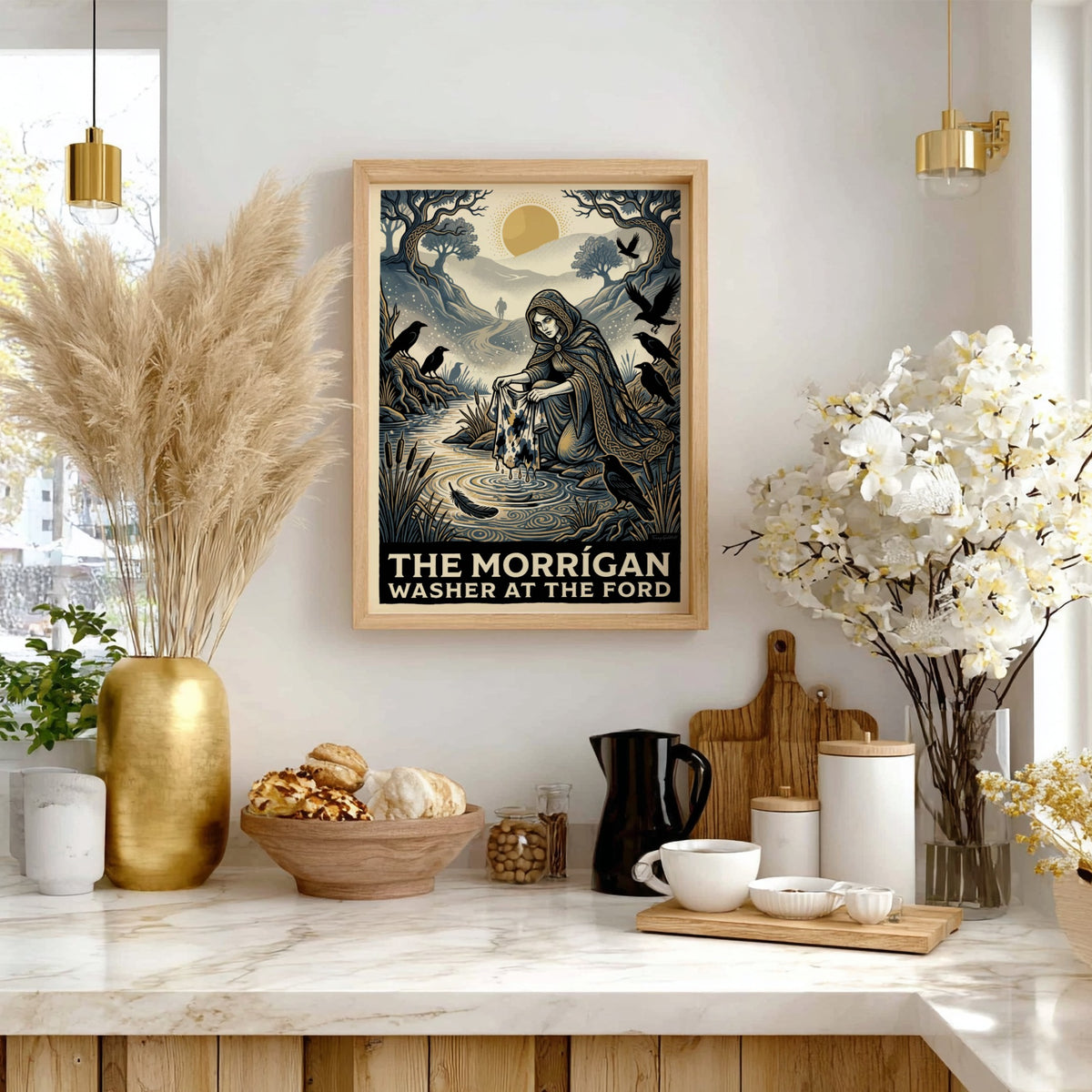 Poster featuring The Morrigan washing a cloth in a river with ravens nearby