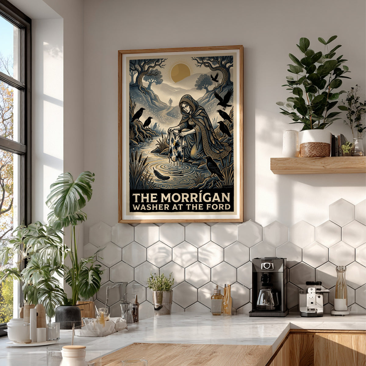Poster featuring The Morrigan washing a cloth in a river with ravens nearby