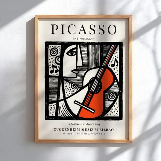 Picasso inspired poster featuring a musician with guitar in monochrome style