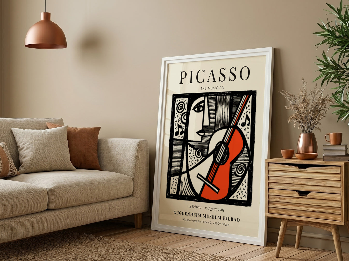 Picasso inspired poster featuring a musician with guitar in monochrome style