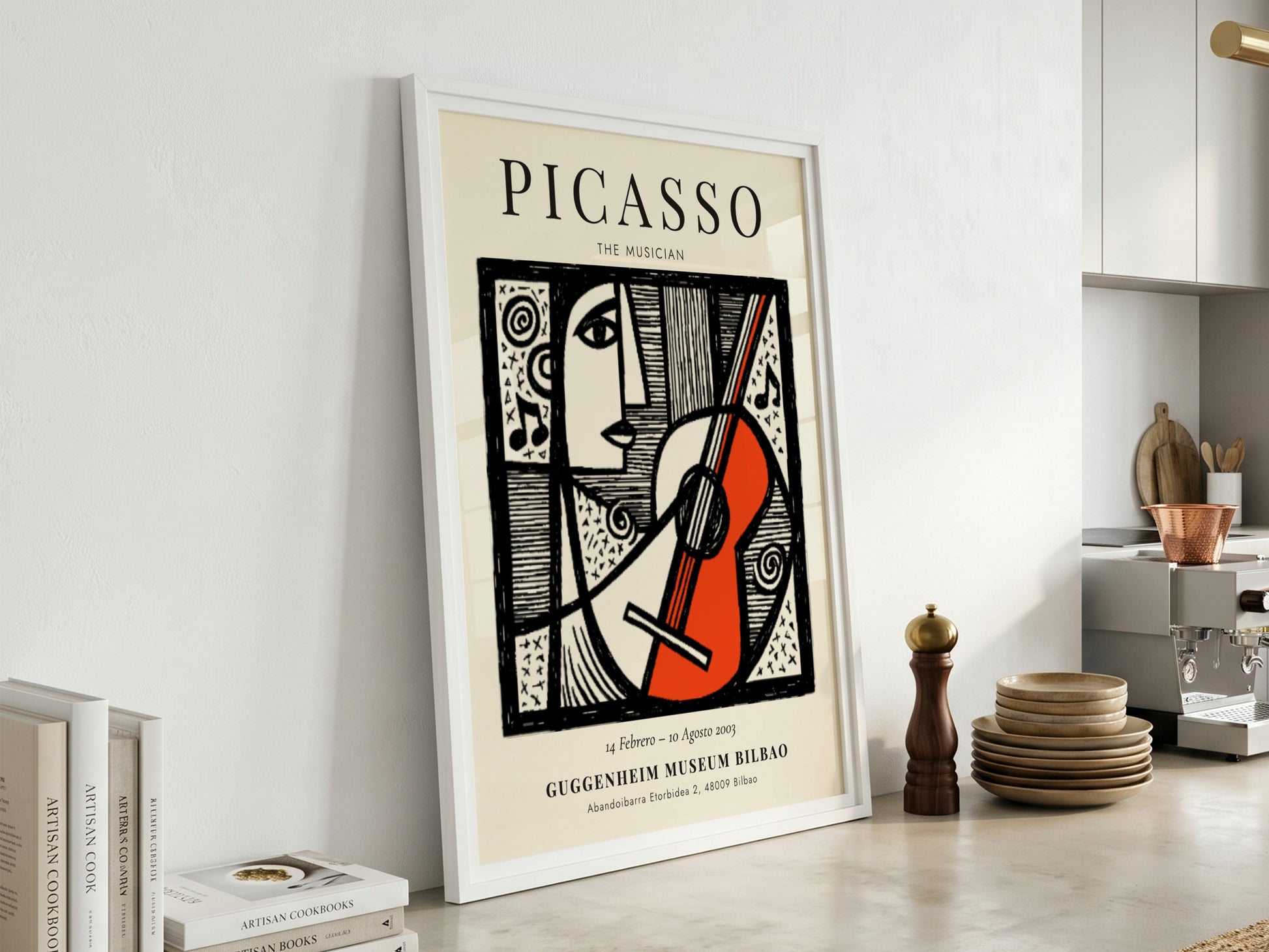Picasso inspired poster featuring a musician with guitar in monochrome style