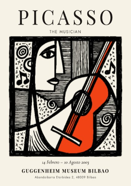 Picasso inspired poster featuring a musician with guitar in monochrome style