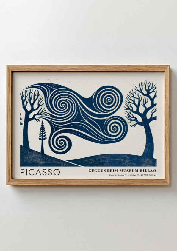 Wall art print featuring swirling blue landscape by Pablo Picasso, titled The Musician, perfect for home