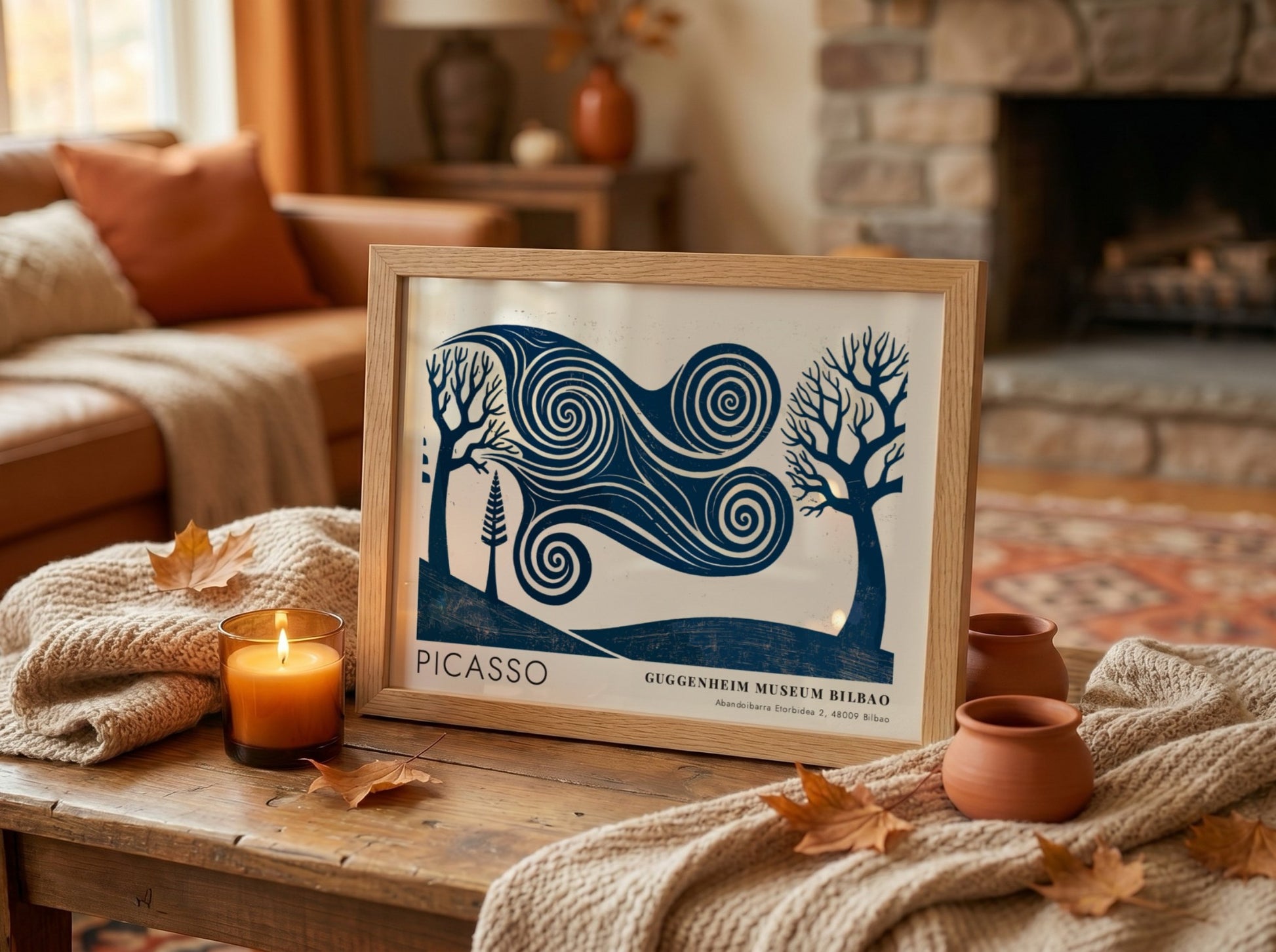 Wall art print featuring swirling blue landscape by Pablo Picasso, titled The Musician, perfect for home