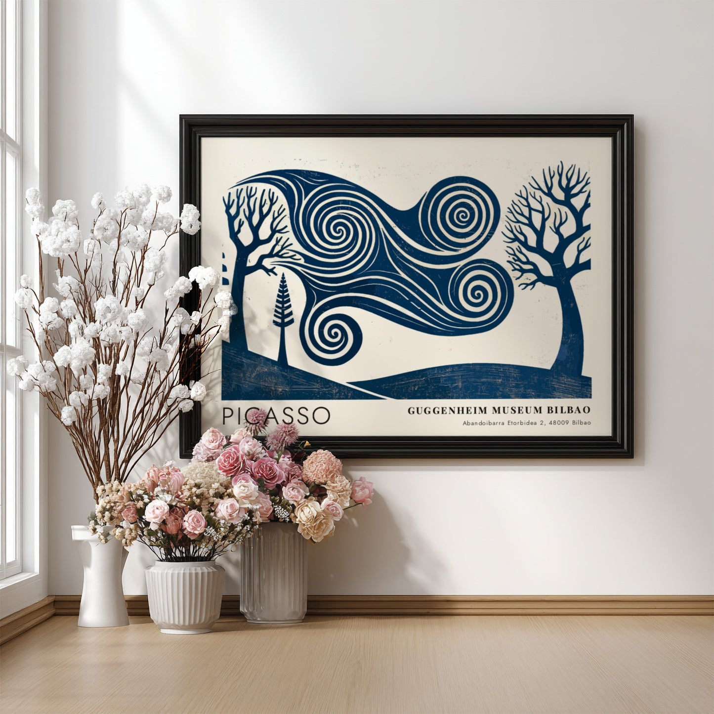 Wall art print featuring swirling blue landscape by Pablo Picasso, titled The Musician, perfect for home