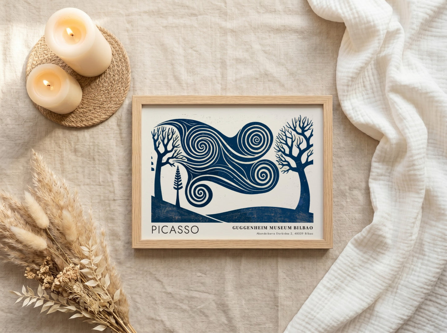 Wall art print featuring swirling blue landscape by Pablo Picasso, titled The Musician, perfect for home