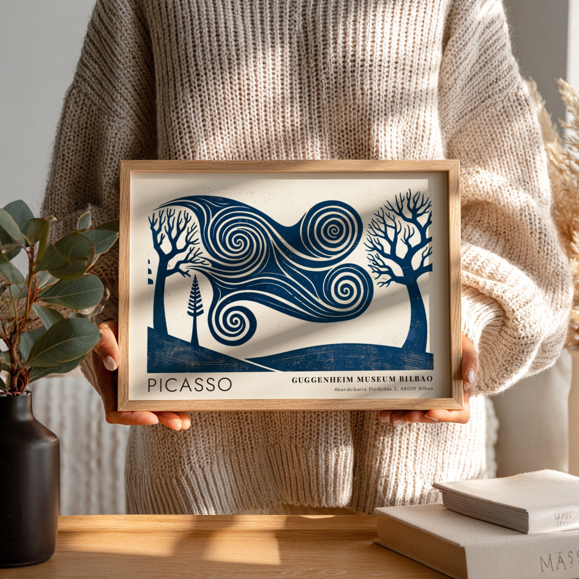 Wall art print featuring swirling blue landscape by Pablo Picasso, titled The Musician, perfect for home
