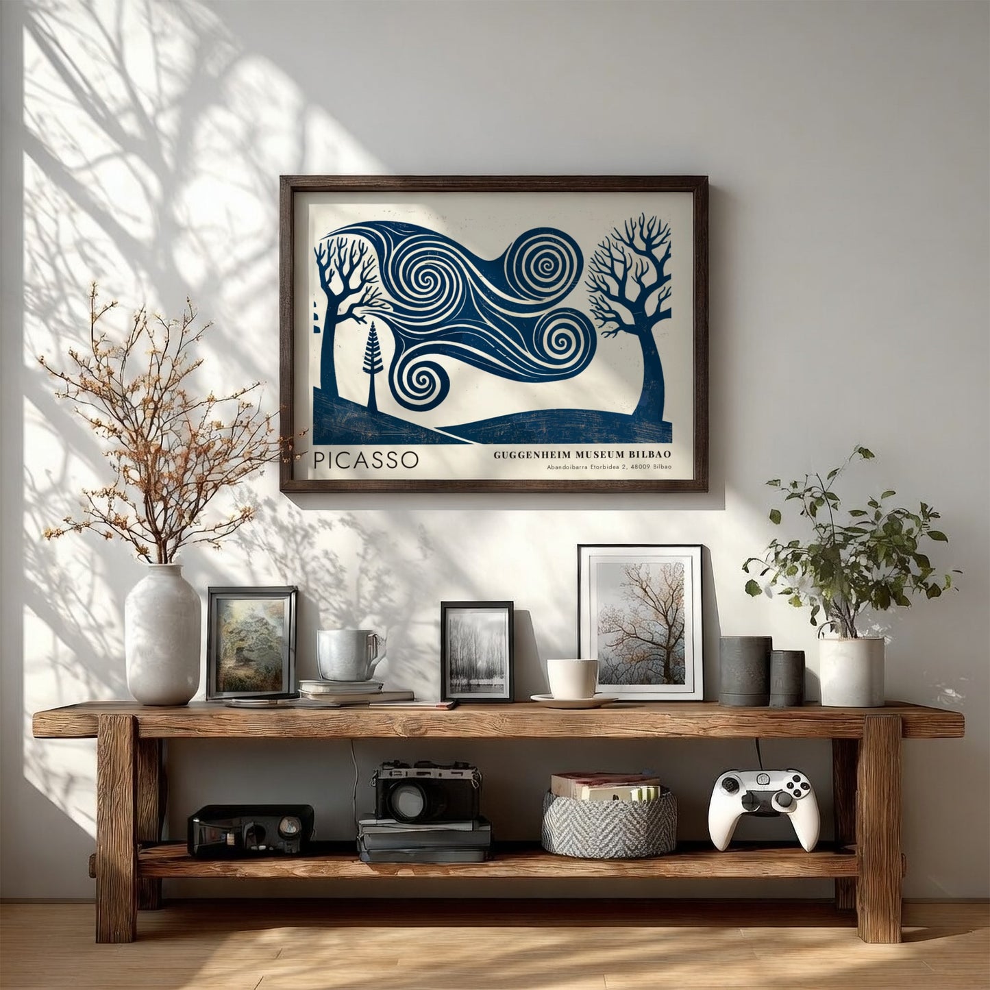 Wall art print featuring swirling blue landscape by Pablo Picasso, titled The Musician, perfect for home