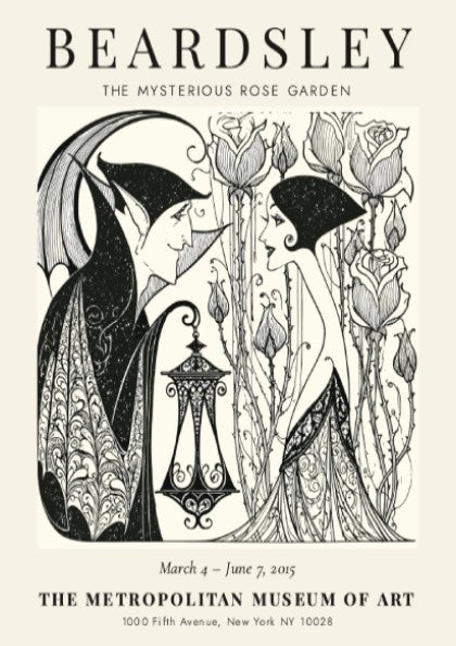 Aubrey Beardsley poster featuring The Mysterious Rose Garden with intricate line work and a monochrome palette