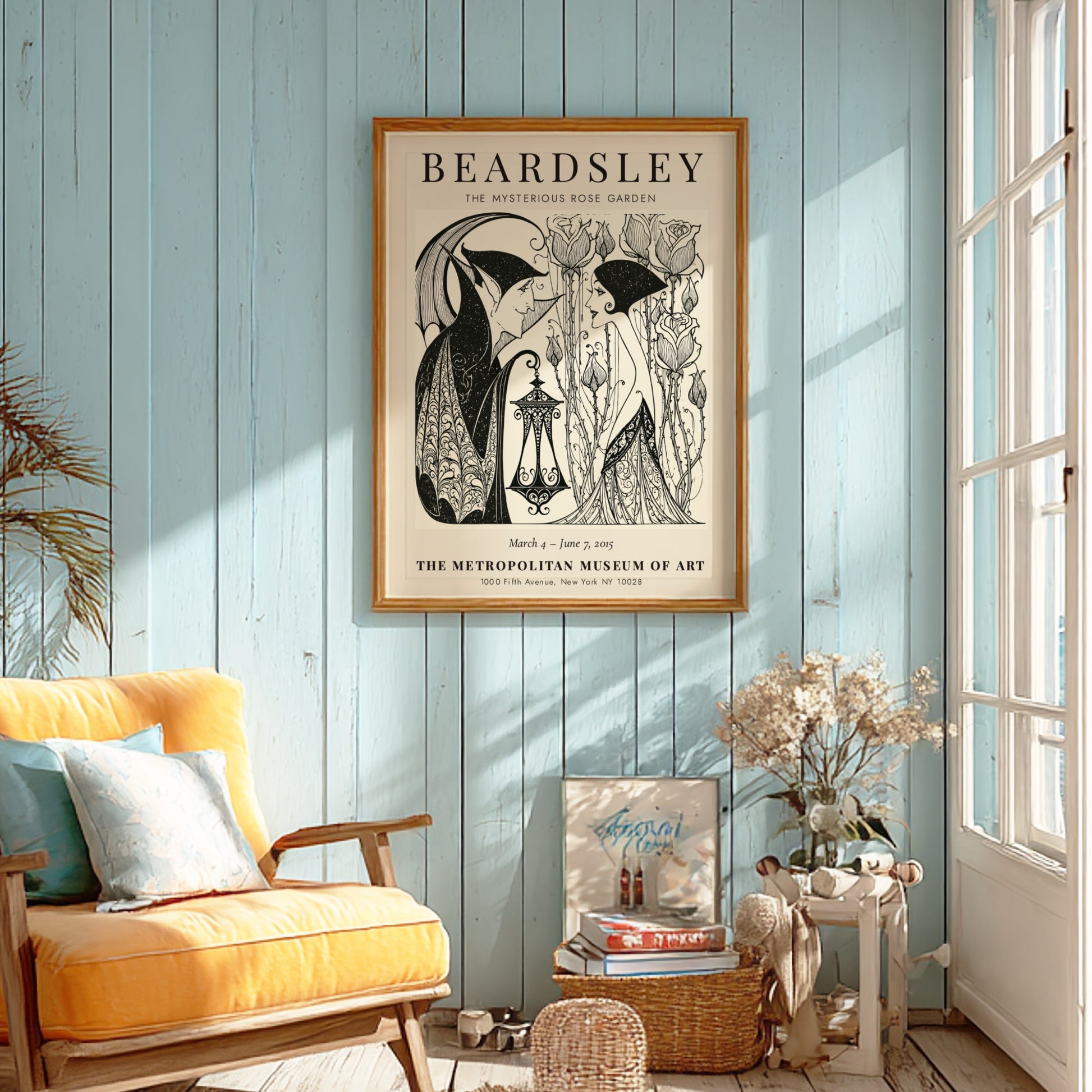 Aubrey Beardsley poster featuring The Mysterious Rose Garden with intricate line work and a monochrome palette