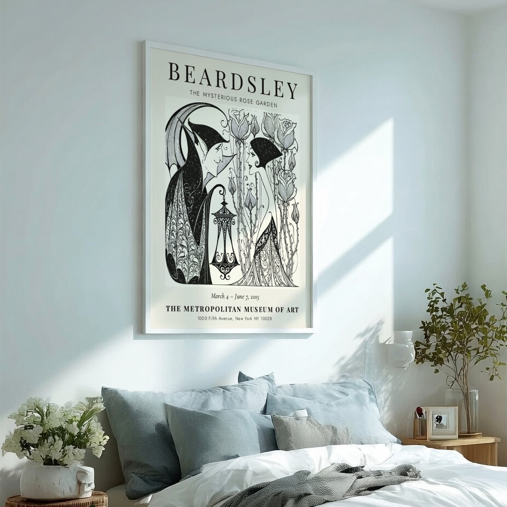 Aubrey Beardsley poster featuring The Mysterious Rose Garden with intricate line work and a monochrome palette