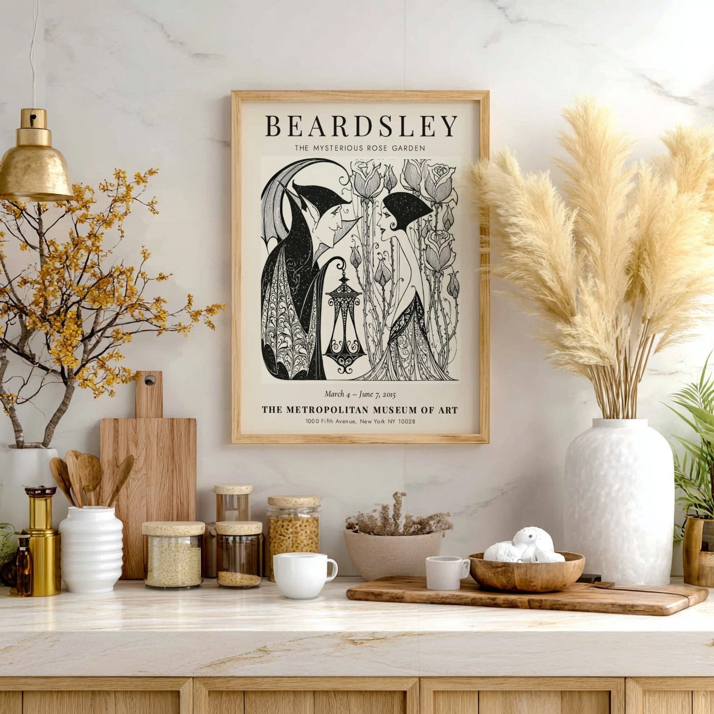 Aubrey Beardsley poster featuring The Mysterious Rose Garden with intricate line work and a monochrome palette