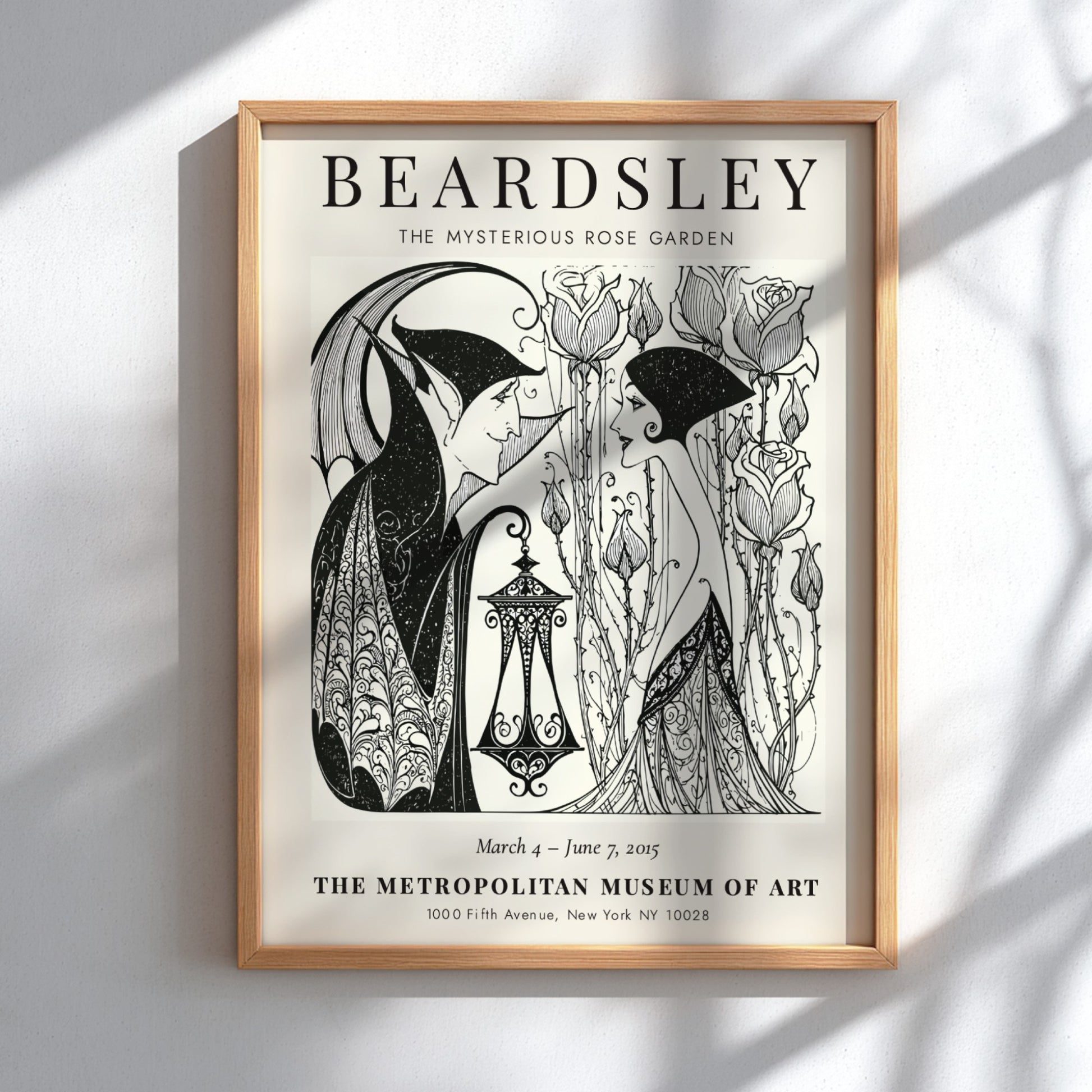 Aubrey Beardsley poster featuring The Mysterious Rose Garden with intricate line work and a monochrome palette