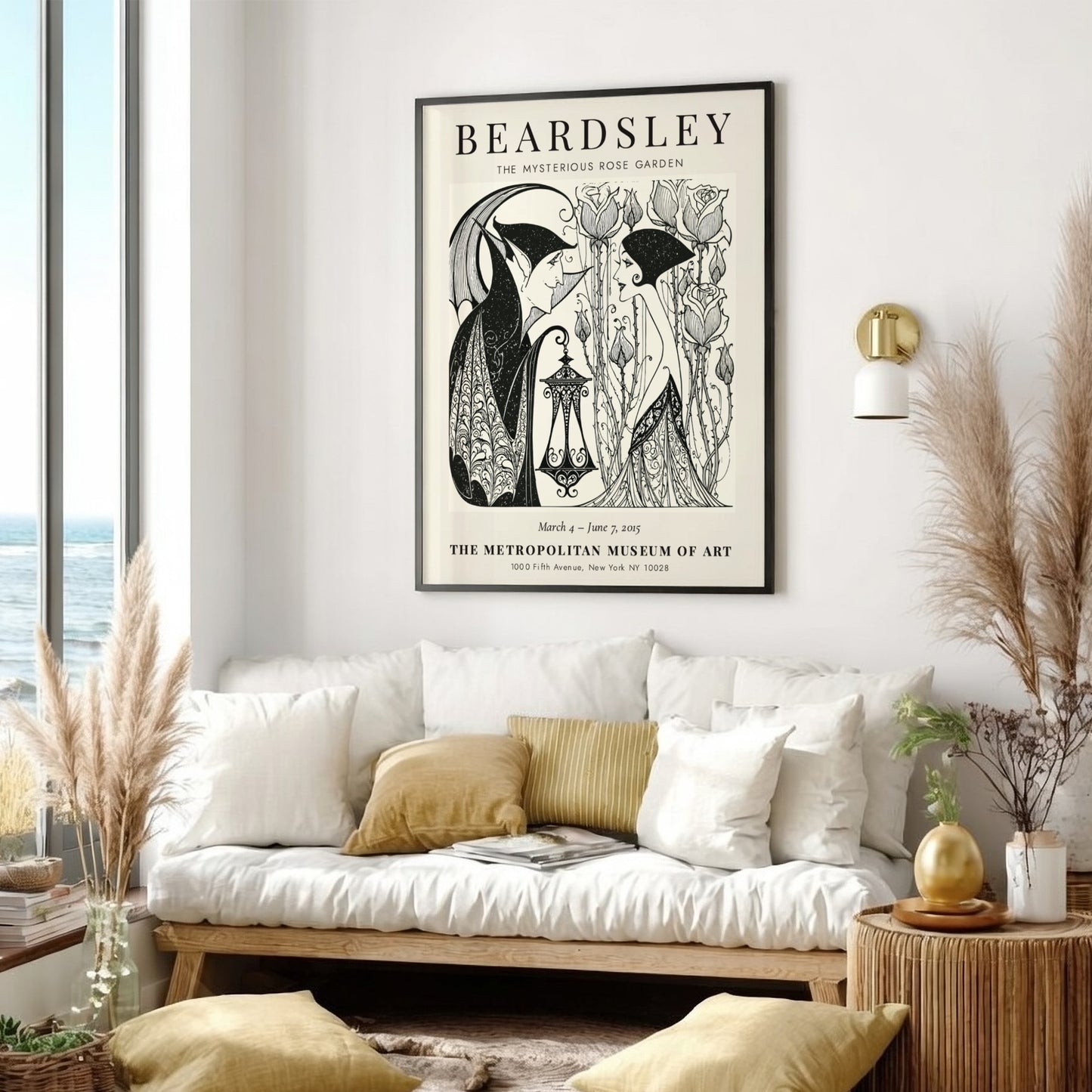Aubrey Beardsley poster featuring The Mysterious Rose Garden with intricate line work and a monochrome palette
