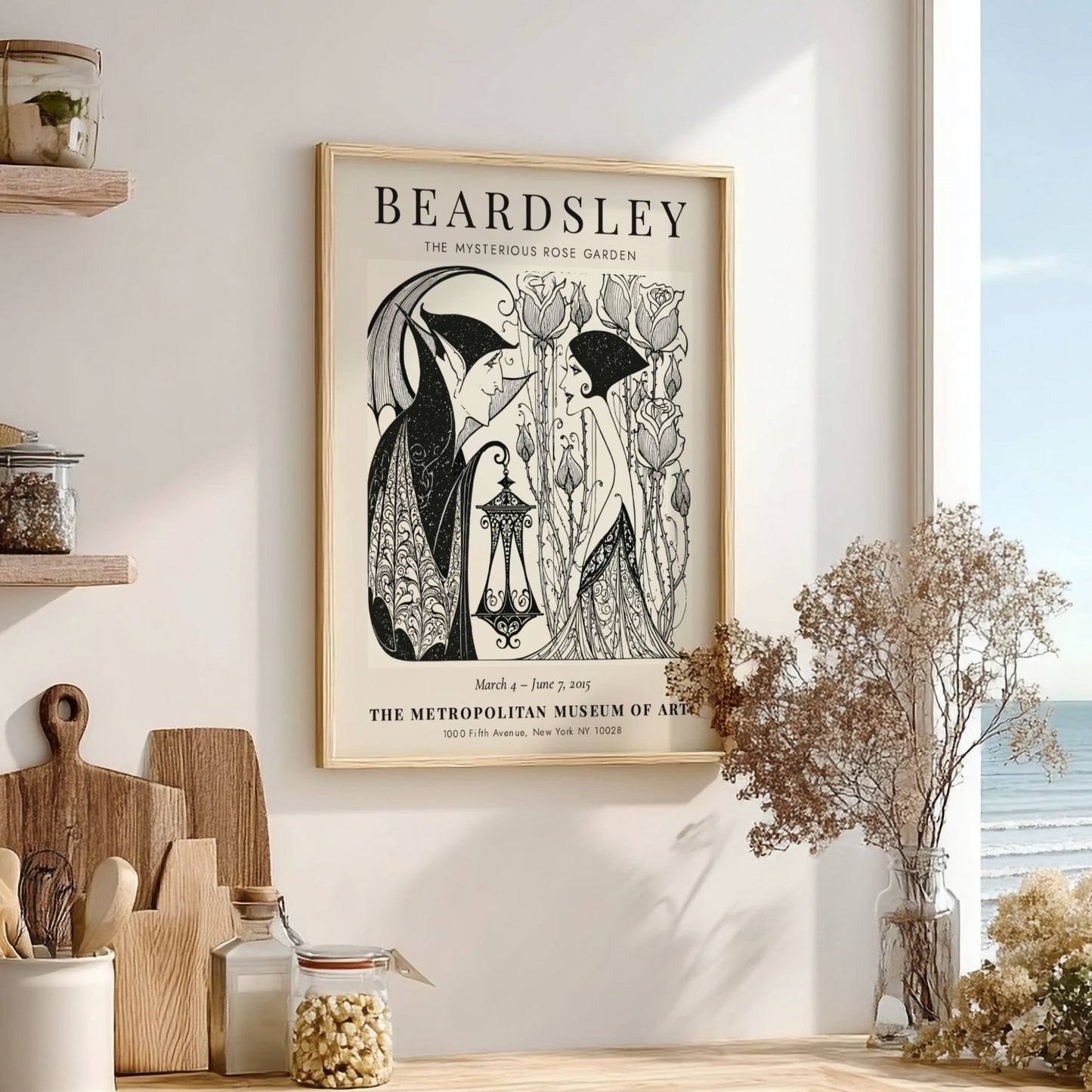 Aubrey Beardsley poster featuring The Mysterious Rose Garden with intricate line work and a monochrome palette