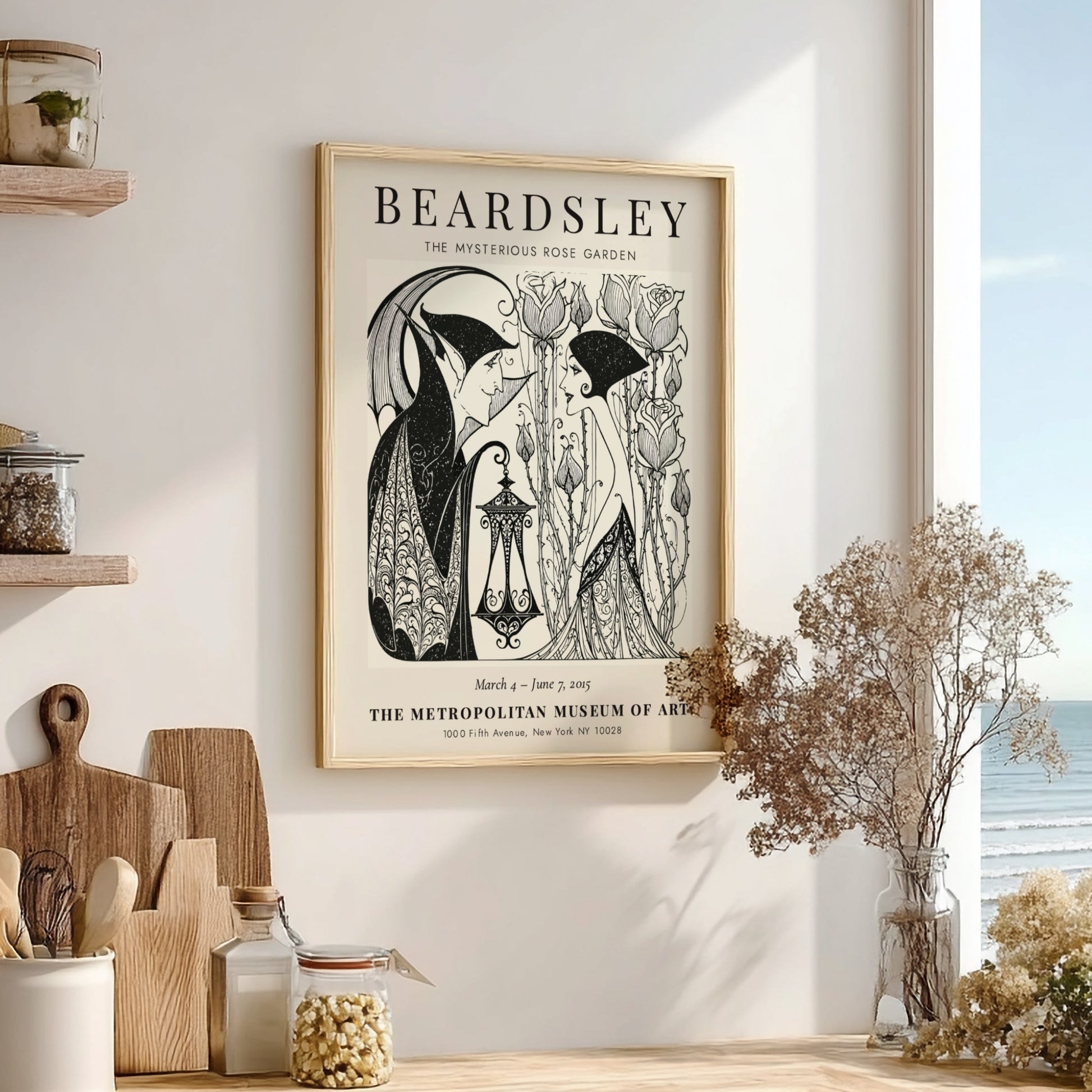 Aubrey Beardsley poster featuring The Mysterious Rose Garden with intricate line work and a monochrome palette