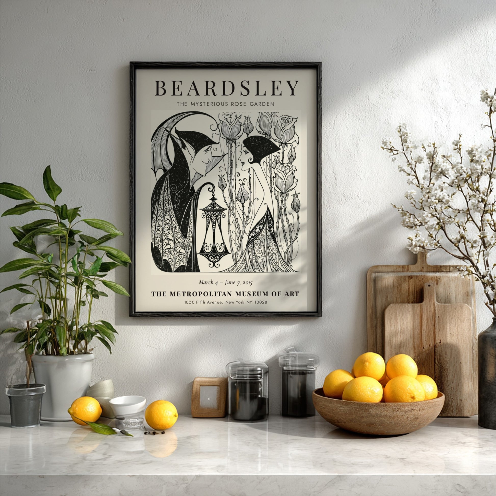 Aubrey Beardsley poster featuring The Mysterious Rose Garden with intricate line work and a monochrome palette