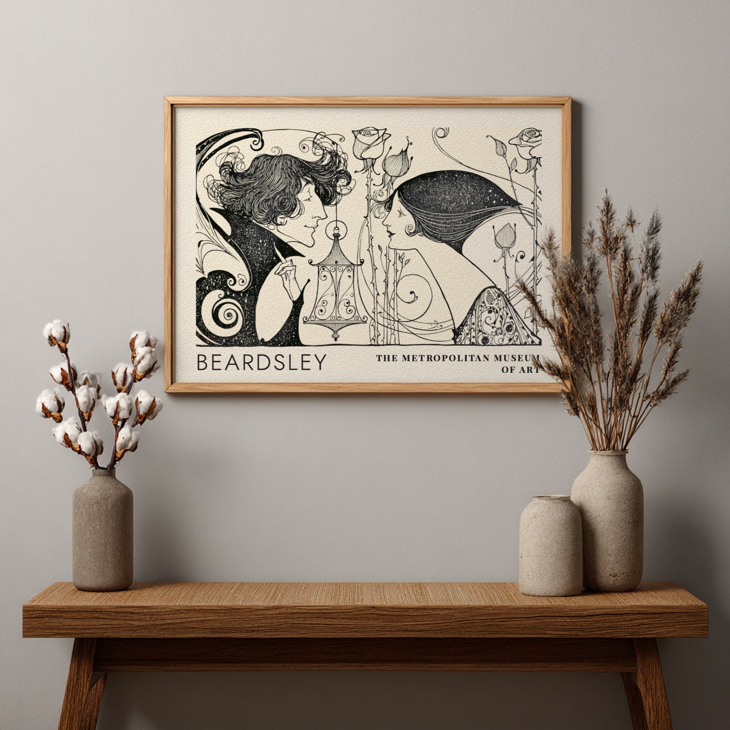 Wall art poster featuring Aubrey Beardsley illustration with two figures and thorny roses.
