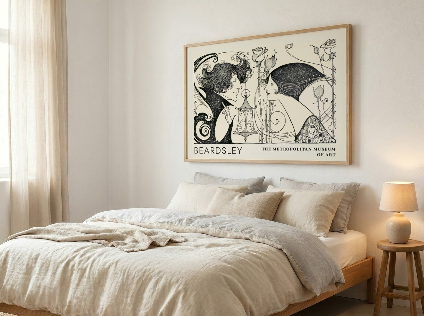 Wall art poster featuring Aubrey Beardsley illustration with two figures and thorny roses.