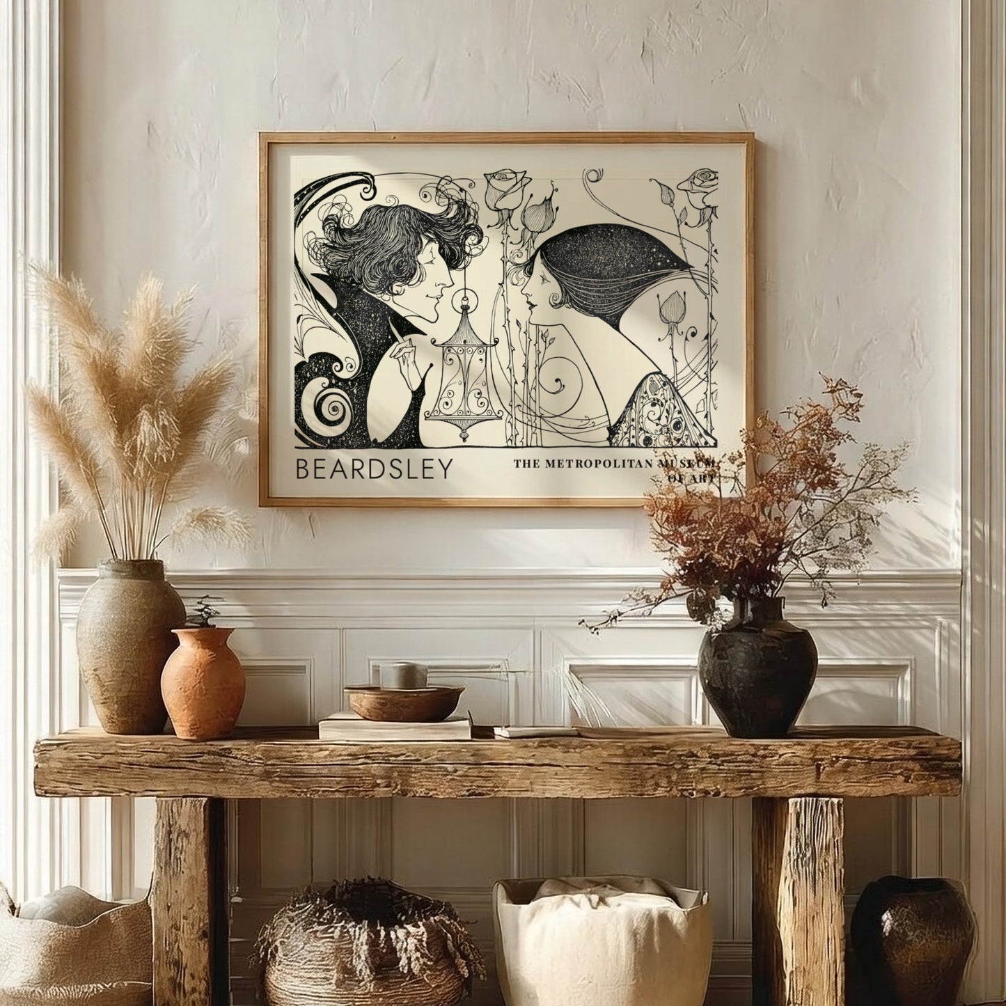 Wall art poster featuring Aubrey Beardsley illustration with two figures and thorny roses.