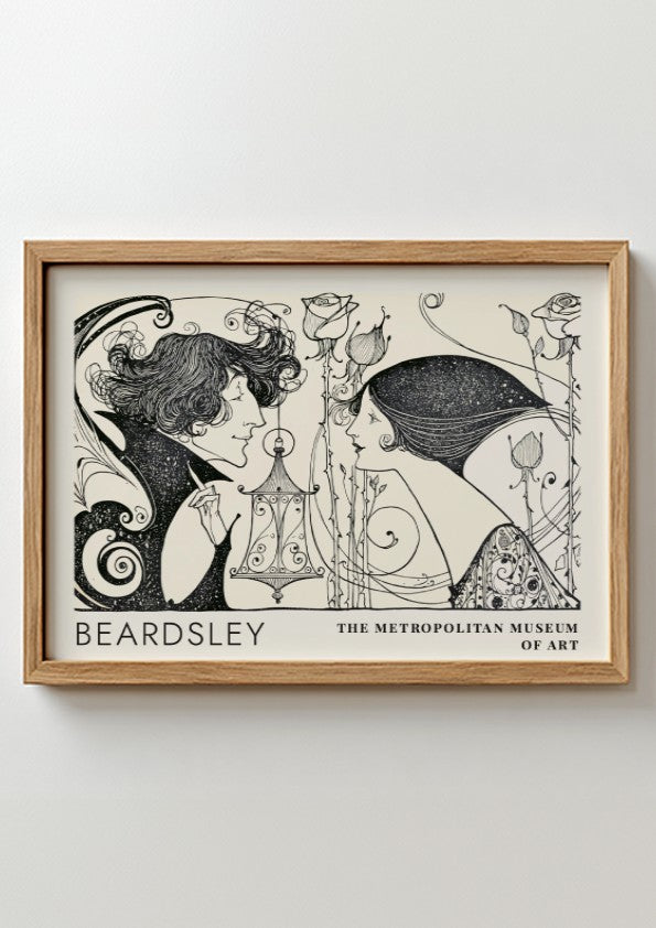 Wall art poster featuring Aubrey Beardsley illustration with two figures and thorny roses.
