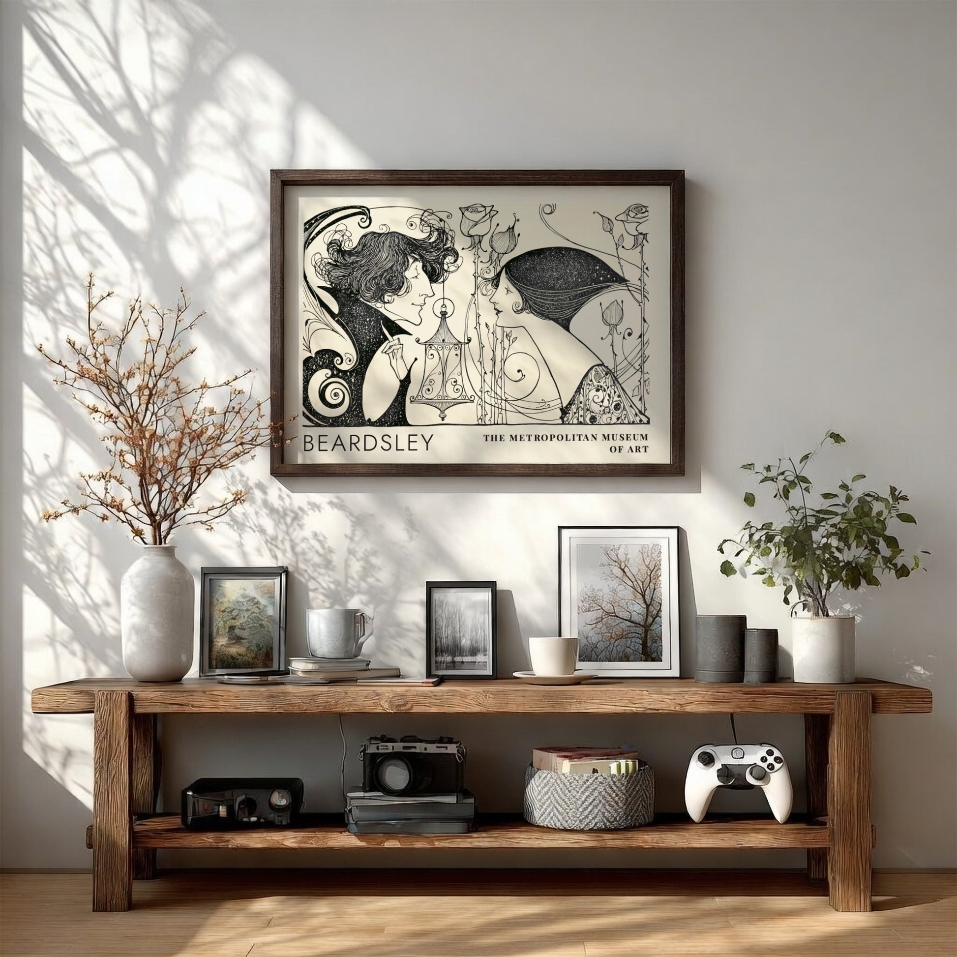 Wall art poster featuring Aubrey Beardsley illustration with two figures and thorny roses.