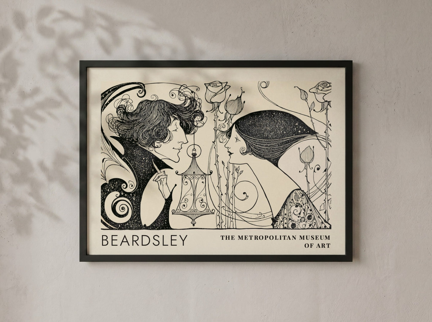 Wall art poster featuring Aubrey Beardsley illustration with two figures and thorny roses.