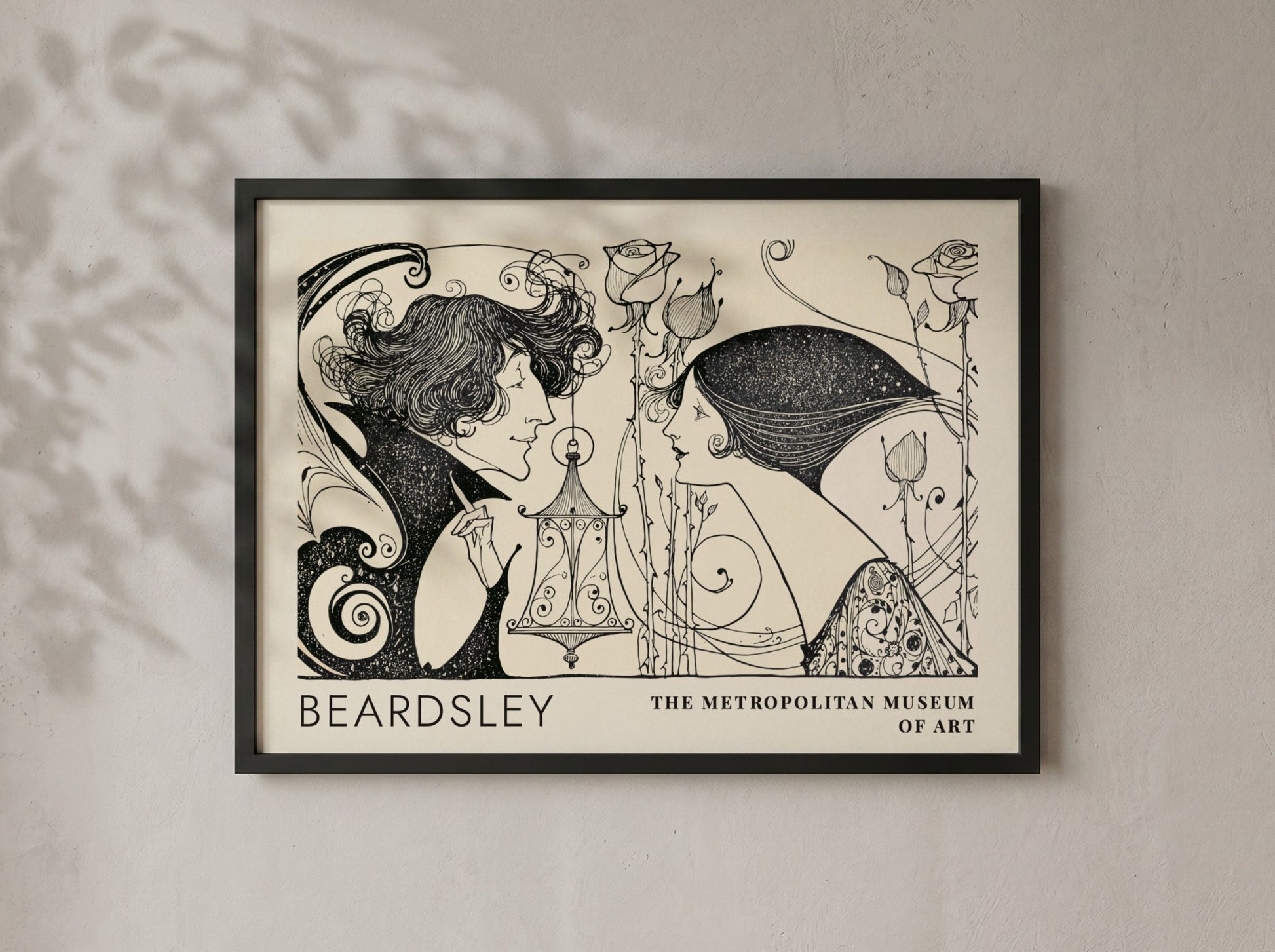 Wall art poster featuring Aubrey Beardsley illustration with two figures and thorny roses.