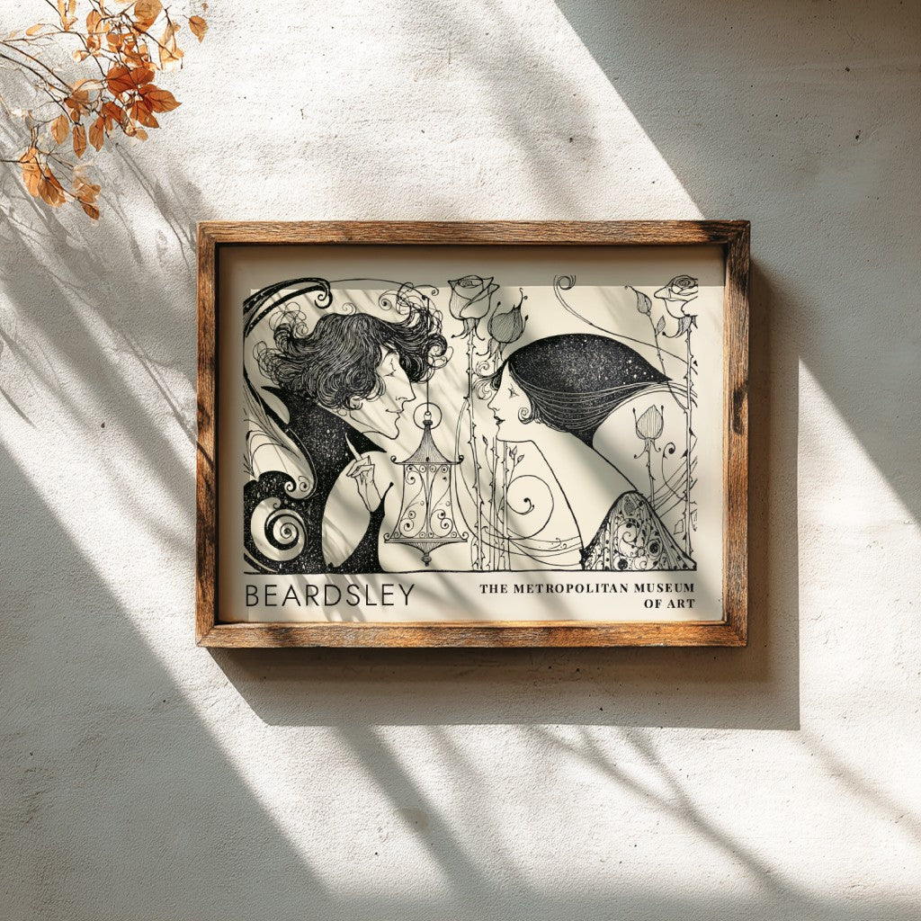 Wall art poster featuring Aubrey Beardsley illustration with two figures and thorny roses.