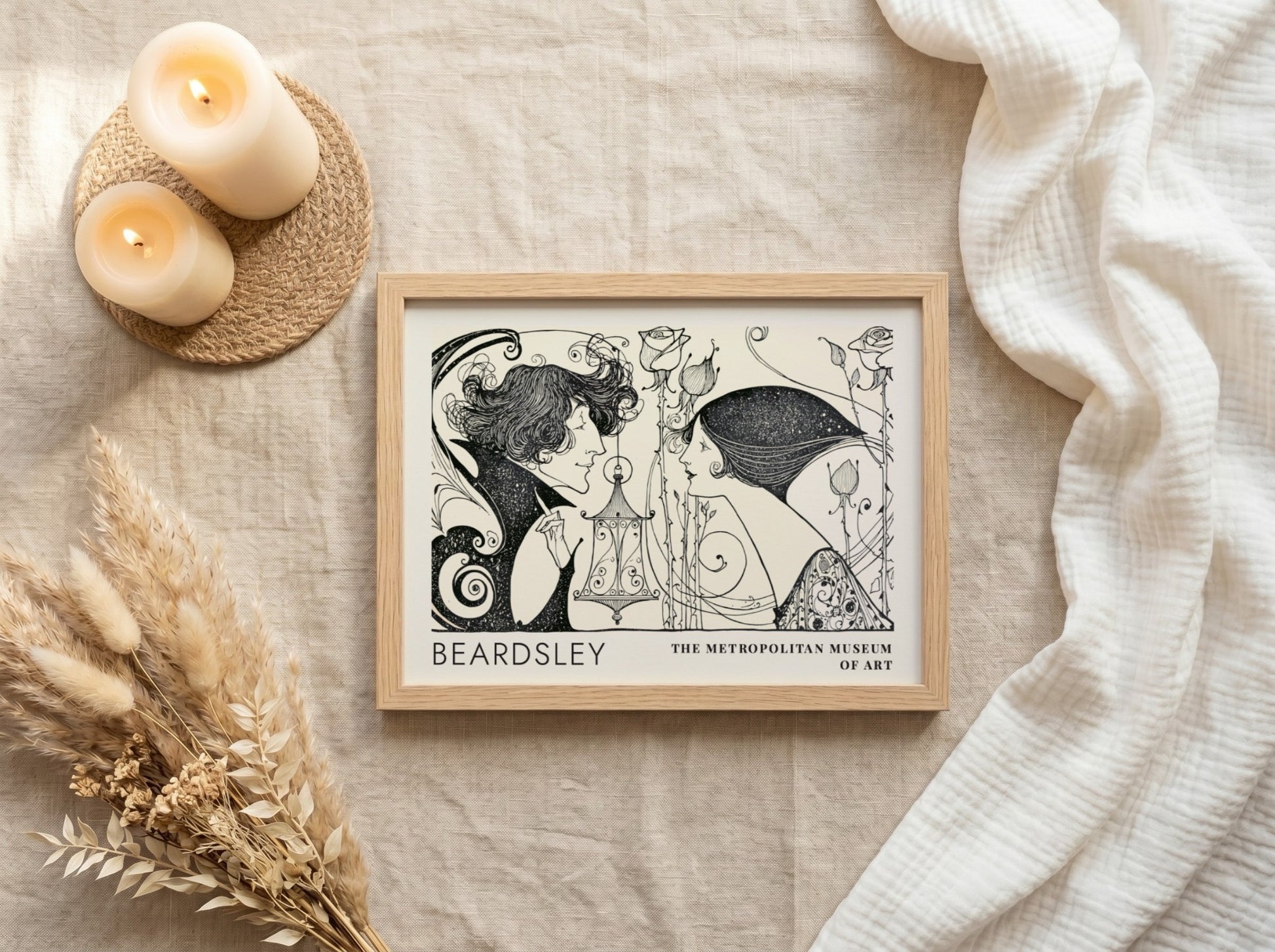 Wall art poster featuring Aubrey Beardsley illustration with two figures and thorny roses.
