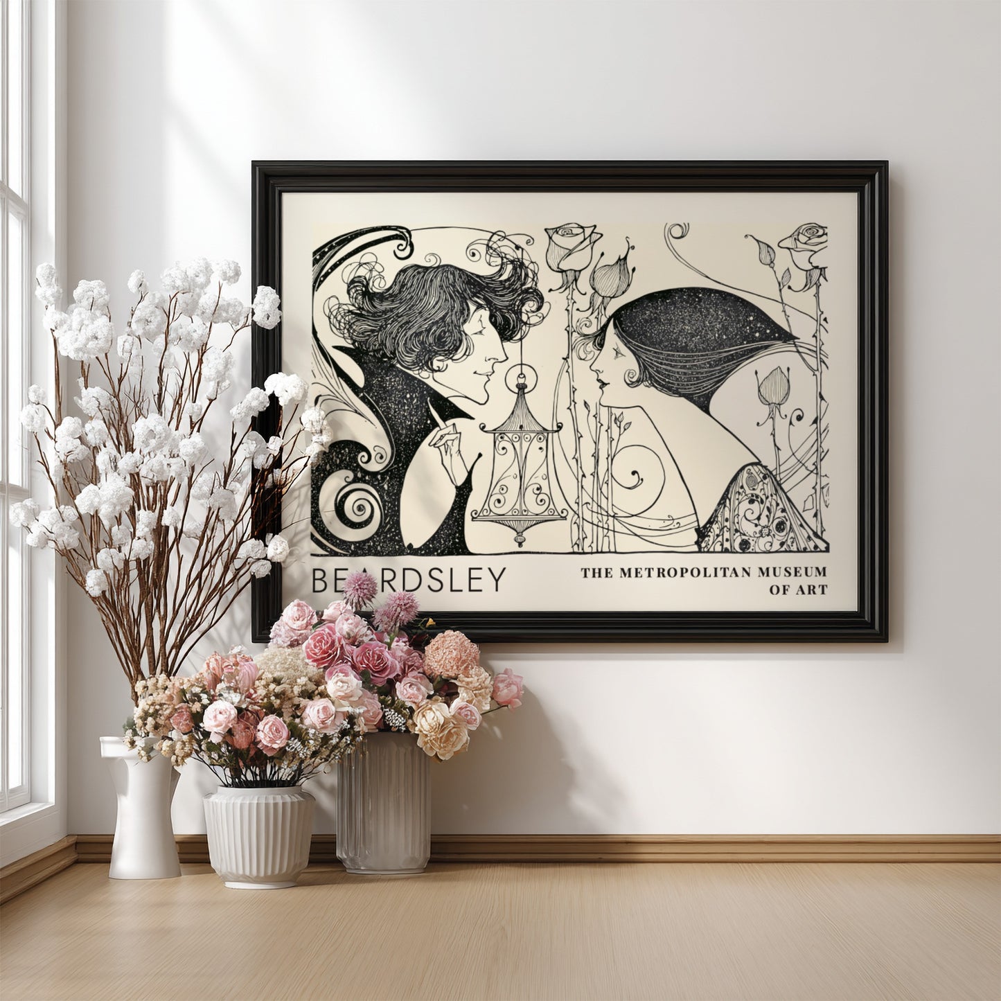 Wall art poster featuring Aubrey Beardsley illustration with two figures and thorny roses.