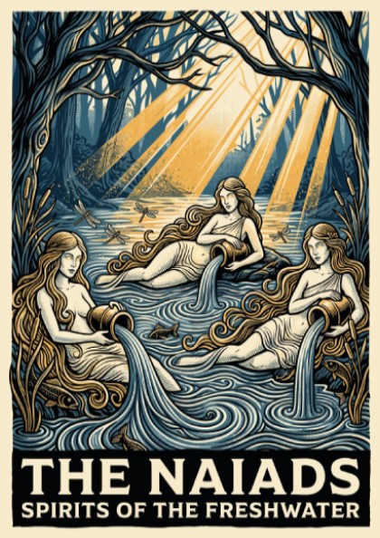 Poster featuring three mythological Naiads pouring water in a deep blue forest pool