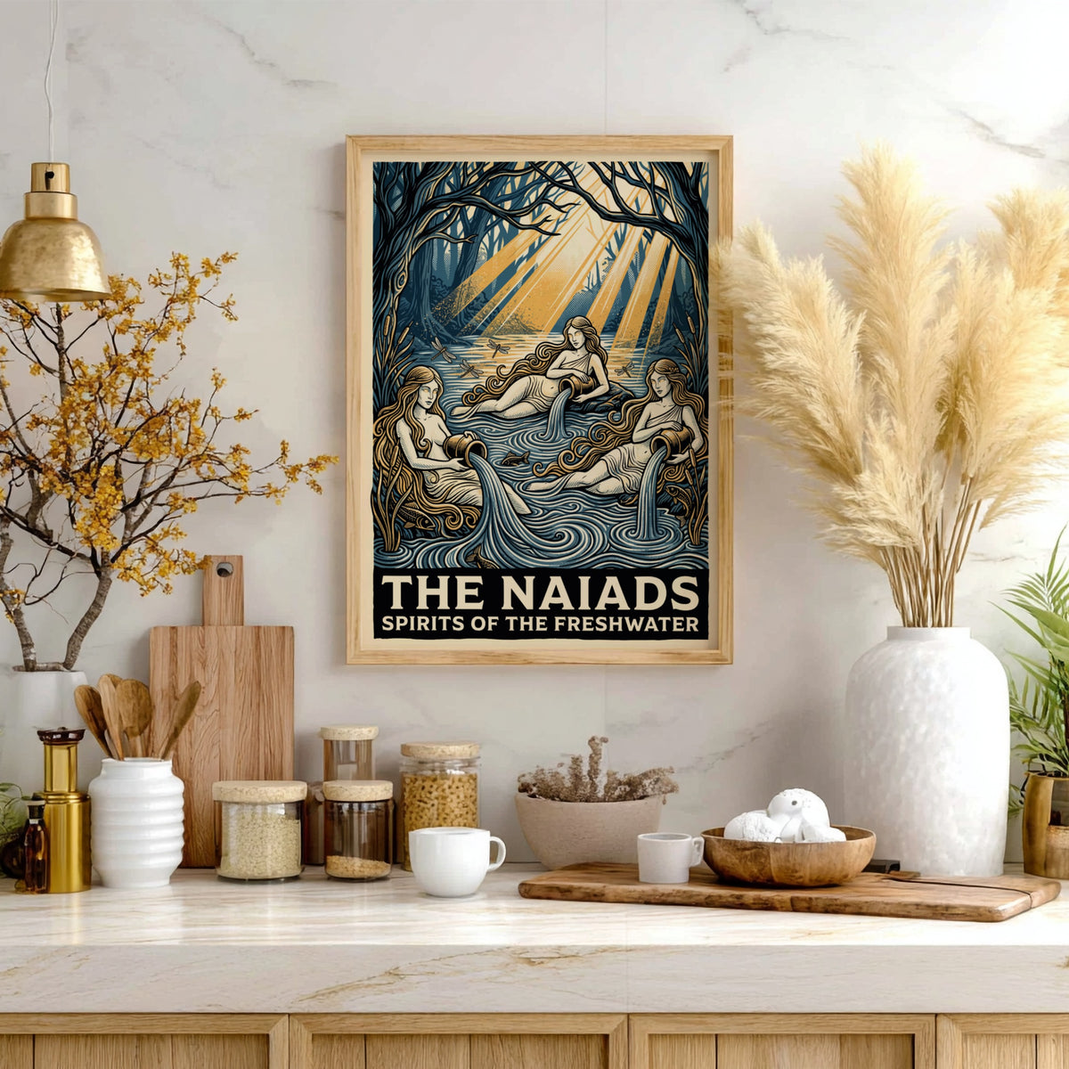 Poster featuring three mythological Naiads pouring water in a deep blue forest pool