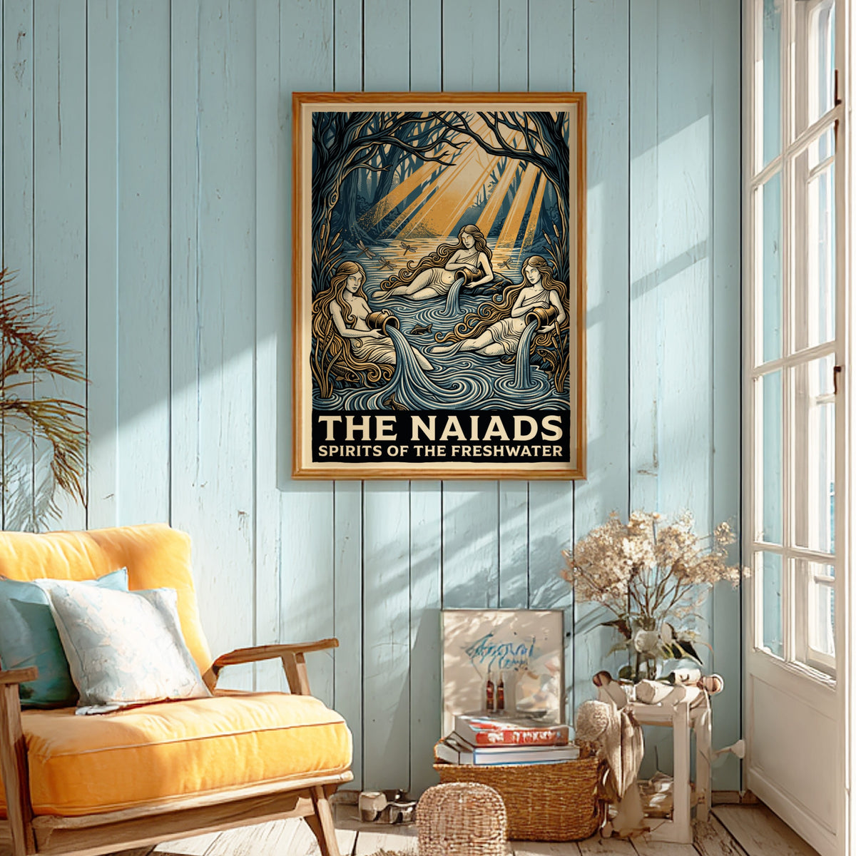 Poster featuring three mythological Naiads pouring water in a deep blue forest pool