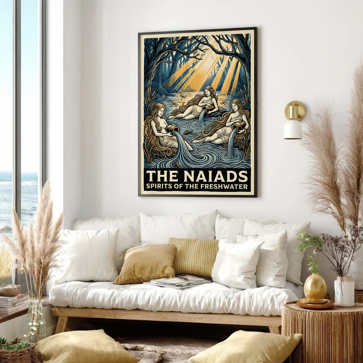 Poster featuring three mythological Naiads pouring water in a deep blue forest pool