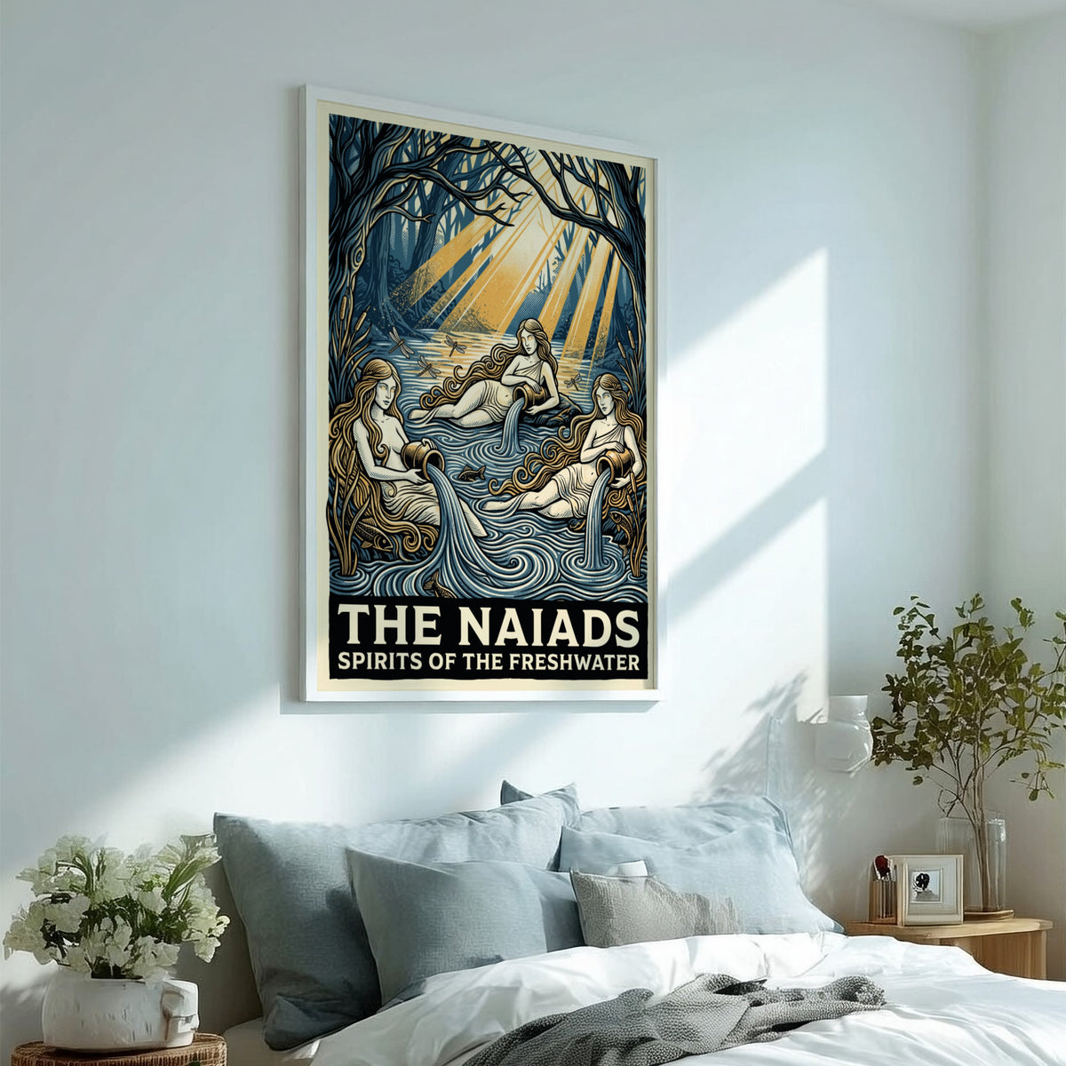 Poster featuring three mythological Naiads pouring water in a deep blue forest pool